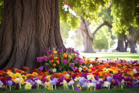bright flowers placed at the base of a grand tree, created with generative aiの素材