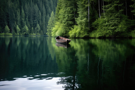 rowboat floating on calm water by a dense forest, created with generative aiの素材