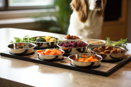 shared dish of food with multiple pet bowls, created with generative aiの素材