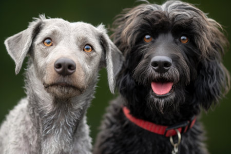 close-up of a silver-grey poodle next to a younger black poodle, created with generative aiの素材