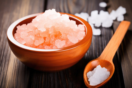 himalayan pink salt in a bowl with a toothbrush, created with generative aiの素材
