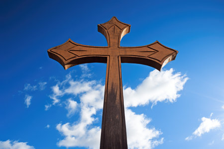 bold ankh cutout contrasts with a bright blue sky, created with generative aiの素材