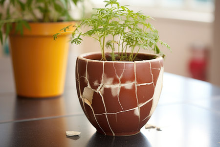 a cracked flowerpot repaired, and the plant reviving, created with generative aiの素材