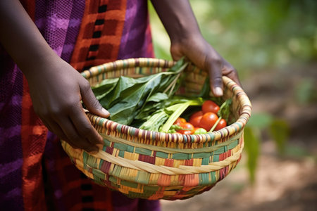 close-up of hand woven basket carrying fresh vegetables, created with generative aiの素材