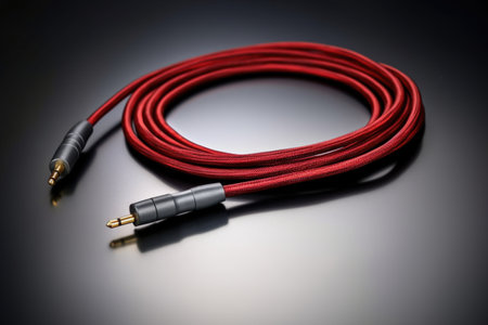 a single red audio cable on a gray background, created with generative aiの素材