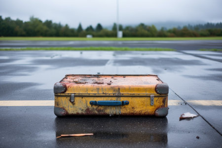 a rain-soaked suitcase abandoned on a tarmac, created with generative aiの素材
