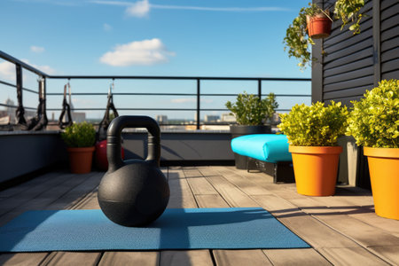 small rooftop space with a yoga mat and kettlebell, created with generative aiの素材