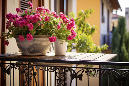 balcony with close up of a wrought iron table and potted flowers, created with generative aiの素材