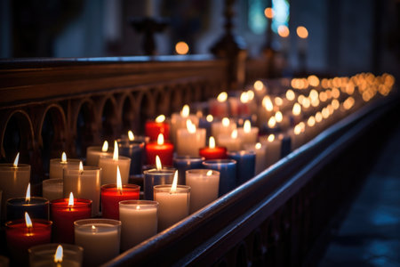 an array of lighted candles in a church setting, created with generative aiの素材