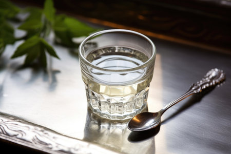holy water in a small glass bowl with a silver spoon, created with generative aiの素材