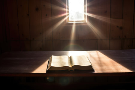 sun beams over a closed bible, created with generative aiの素材