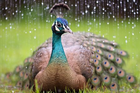 shimmering peacock in a dew-wet pasture, created with generative aiの素材