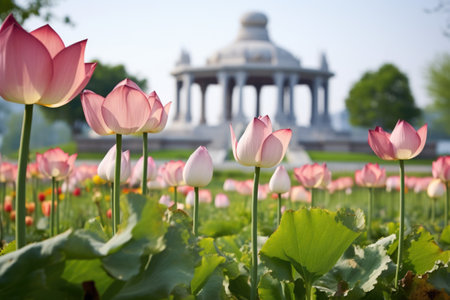 a foreground of lotus flowers with a stupa in the background, created with generative aiの素材