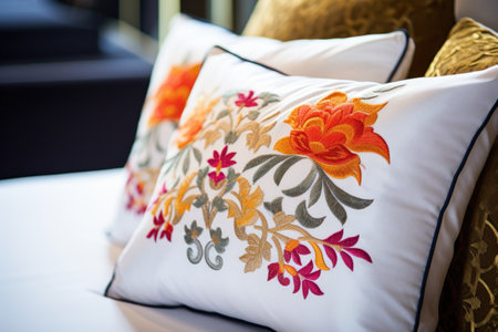 detail shot of embroidered cushions on a hotel bed, created with generative aiの素材