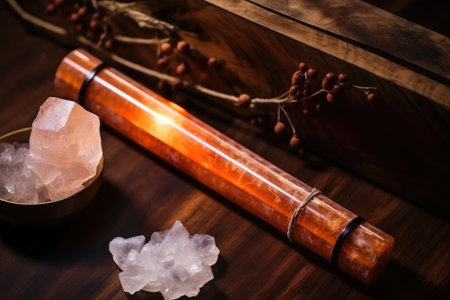 top view of a wooden flute next to a flaking salt lamp, created with generative aiの素材