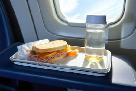 bottle of water and sandwich on tray table, created with generative aiの素材