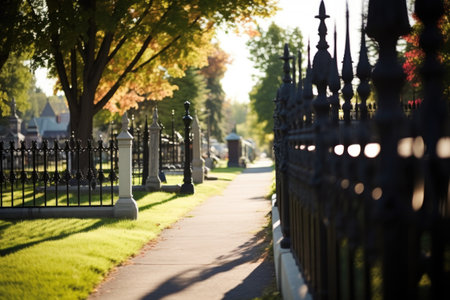 wrought iron fence encircling cemetery, created with generative aiの素材
