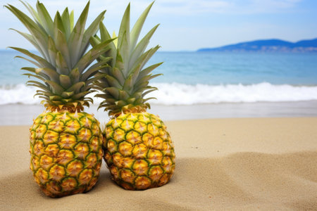 two pineapple fruits together on a tropical beach, created with generative aiの素材