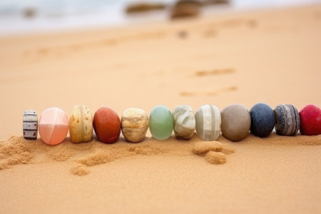 round stones aligned vertically on sand, colored to match chakras, created with generative aiの素材