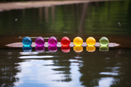 seven-colored chakra reflection in a calm pool of water, created with generative aiの素材