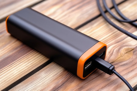 close-up of a portable power bank lying on a wooden table, created with generative aiの素材