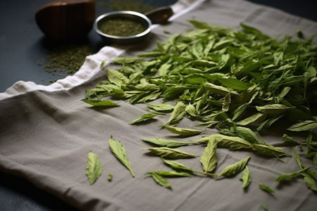 tea leaves spread out on a plain muslin cloth, created with generative aiの素材