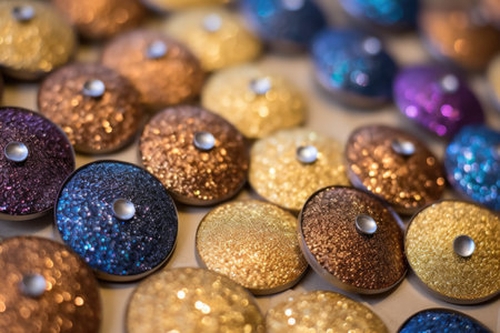 detailed image of shiny metallic lapel pins on a cork board, created with generative aiの素材