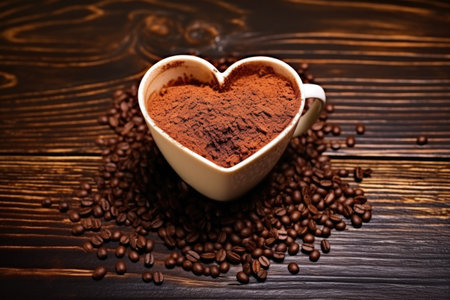 a warm cup of coffee with chocolate shavings forming a heart, created with generative aiの素材