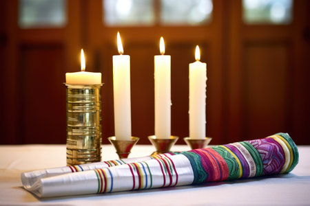 unlit shabbat candles with a torah and prayer shawl in the background, created with generative aiの素材