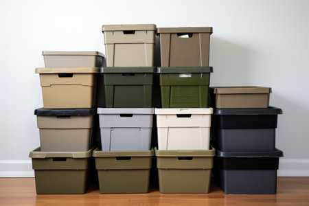 different-sized physical storage boxes arranged in a neat row, created with generative aiの素材