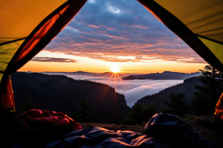 a sunrise view from a tent in the mountains, created with generative aiの素材