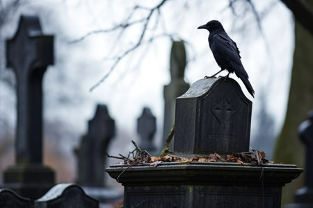 a crow perched on a tombstone in an abandoned graveyard, created with generative aiの素材