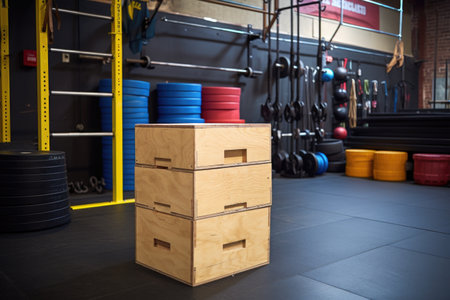 crossfit jump box stacked in a corner of the gym, created with generative aiの素材