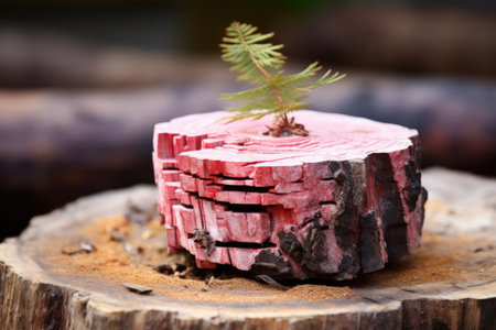 rhodonite stone on a wooden stump, created with generative aiの素材