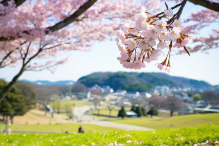 sakura blossom with a green hill in the background, created with generative aiの素材