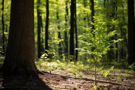 a small tree overshadowed by tall trees, created with generative aiの素材