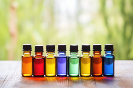 an array of colored essential oil bottles, created with generative aiの素材