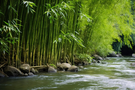 stand of bamboo near a river in tranquility, created with generative aiの素材