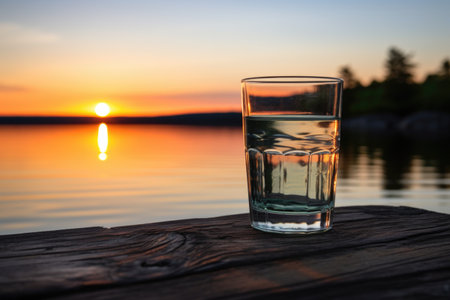 a glass of water with a sunrise in the backdrop, created with generative aiの素材