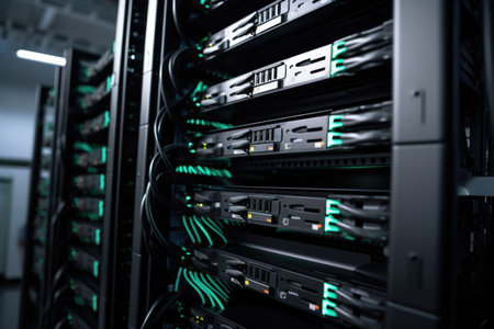 slot-loading drives visible in a modern server rack, created with generative aiの素材