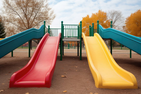 two differently colored playground slides leading in opposite directions, created with generative aiの素材