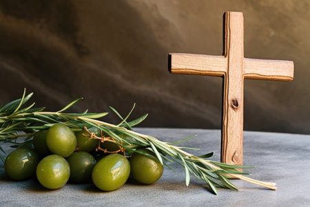 olive branch and wooden cross on a stone table, created with generative aiの素材