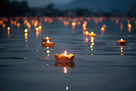 diya floating on river during diwali, created with generative aiの素材