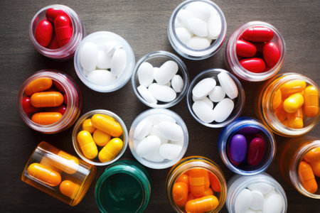 overhead view of medicine bottles with safety caps, created with generative aiの素材
