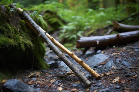 wooden hiking sticks resting against a log in a forest, created with generative aiの素材
