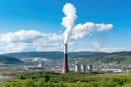 industrial chimney releasing smoke amidst clean-air landscape, created with generative aiの素材