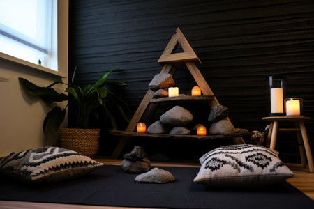 a calming meditation corner with a yoga mat, candles, and zen rocks, created with generative aiの素材