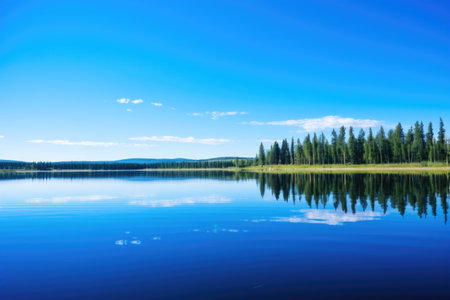calm lake reflecting clear blue sky, created with generative aiの素材