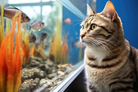 a cat sitting near a fish tank without attacking, created with generative aiの素材