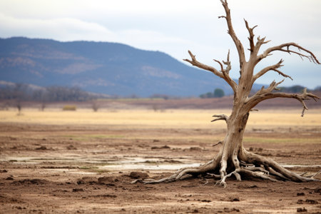 draught-ridden land with a dead tree in focus, created with generative aiの素材